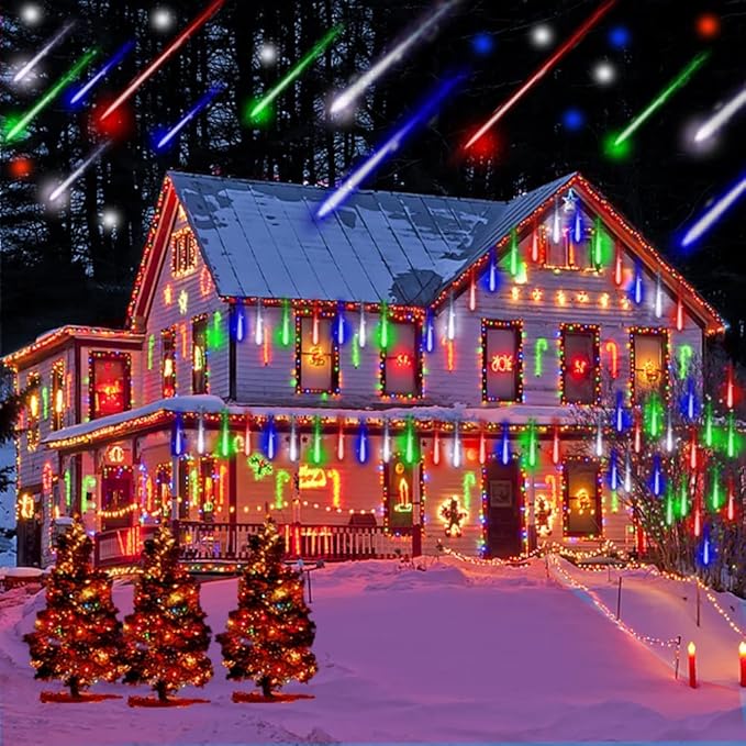 Christmas Lights Outdoor, Meteor Shower Falling Rain Lights 12 inch 8 Tube Snow Falling Icicle Cascading Light for Xmas Tree Decoration Wedding Party, UL Plug, Multi Colored
