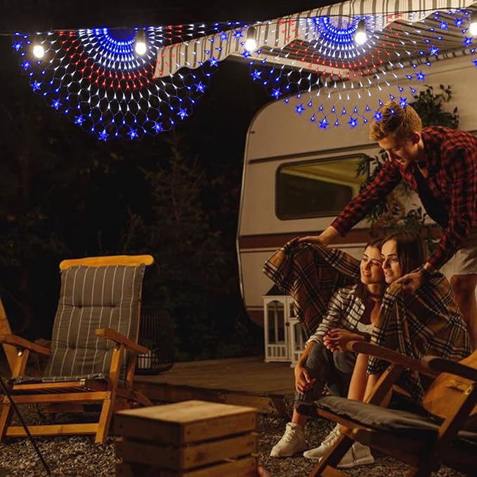 American Flag Lights, 243 LEDs Red White and Blue Lights Half Fan Flag Light, Waterproof US Flag Lights for Yard Garden, Festival, Holiday, 4th of July Independence Day Decorations