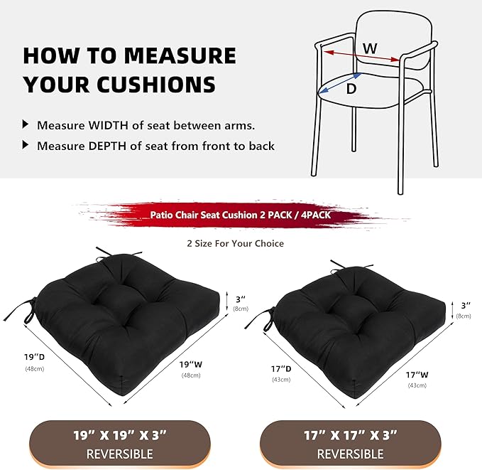 RACE LEAF Patio Chair Cushions 19x19 Inch 4 Pack, Thickened Outdoor Cushions Water Resistant Stain Resistant Non-Slip Ties (Black)
