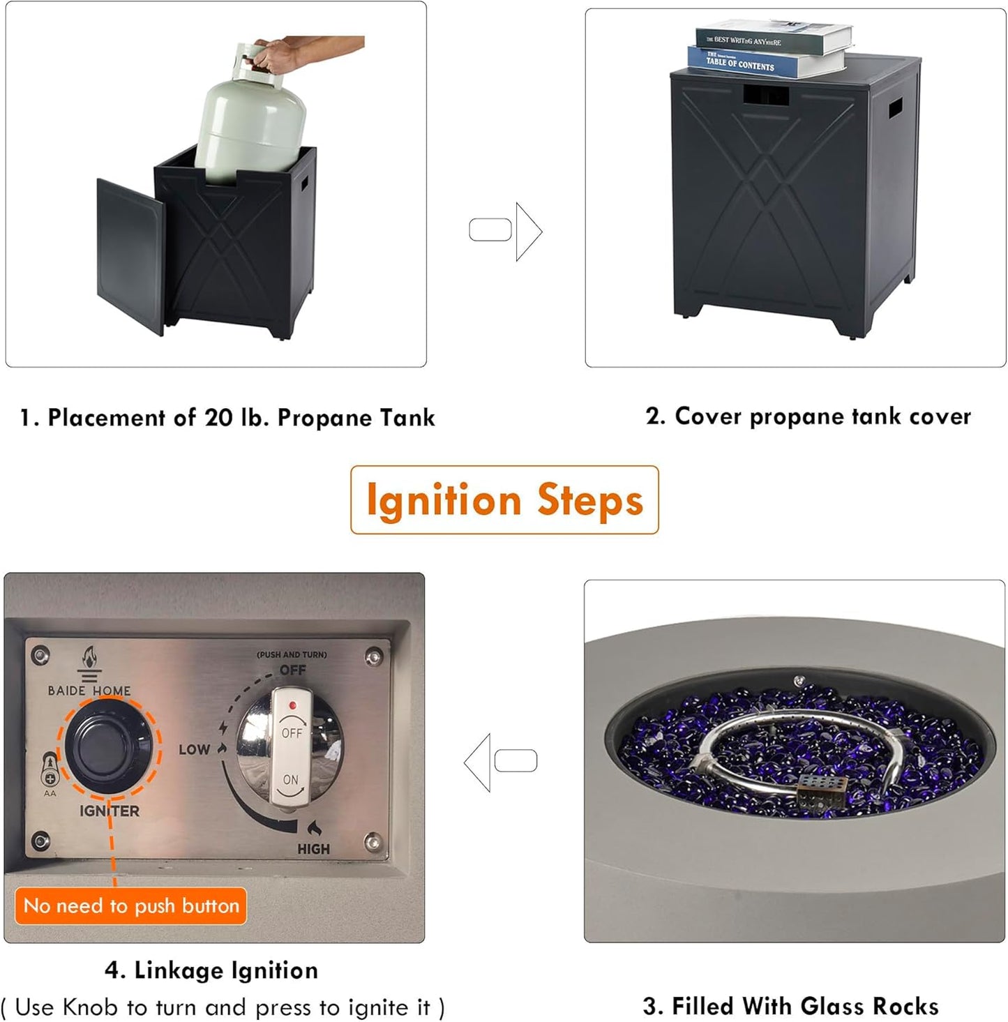 32.5-inch Outdoor Gas Fire Pit with 20lb Propane Tank Cover Table & Wind Glass Shield,50,000BTU Propane Gas Fire Pits for Outside Patio w/Round Burner Lid, Glass Rocks