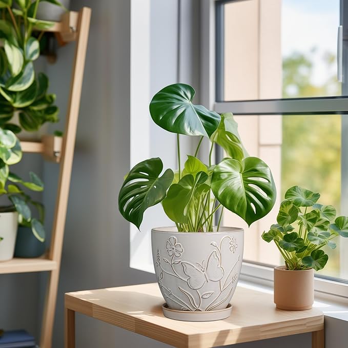 6 Inch Ceramic Plant Pot for Indoor Plants Outdoor Round Planter Flower Pot with Drainage Hole and Saucer for Home Garden Office Decor White