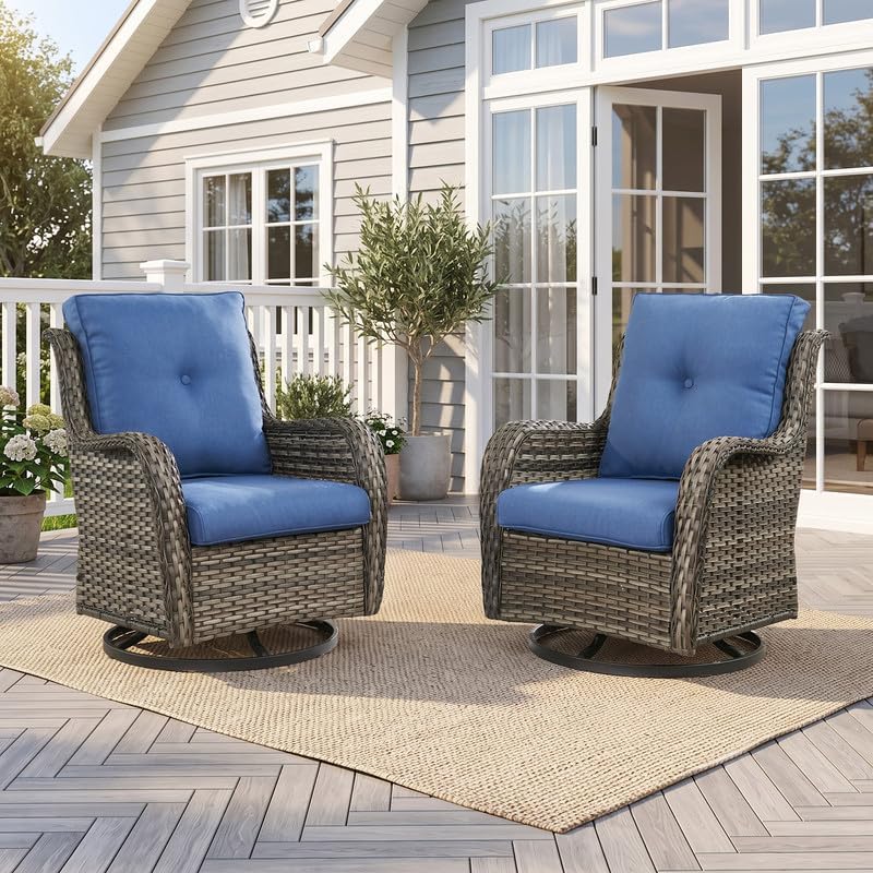 2 Pieces Outdoor Wicker Swivel Rocker Patio Chairs Set of 2, Cushion Blue by Rilyson