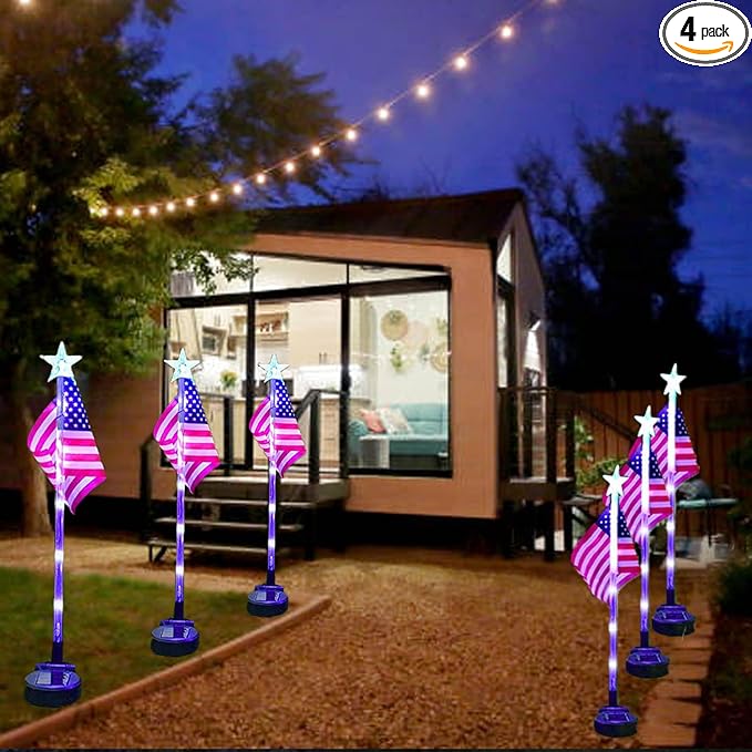 4PCS American Flag Lights 4th of July Solar Patriotic Lawn Light, Garden Stake Light LED Landscape Light Pathway Light for Independence Day Memorial Day Decor(Color Changing-Star)