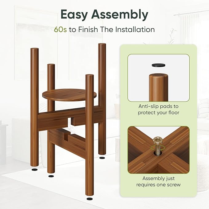 2 Pack Adjustable Plant Stand, Bamboo Plant Stand Indoor with Tray, Wood Plant Stand for 8 to 12 inches Flower Pots, Single Mid Century Modern Plant Stand for Indoor Plants, Walnut