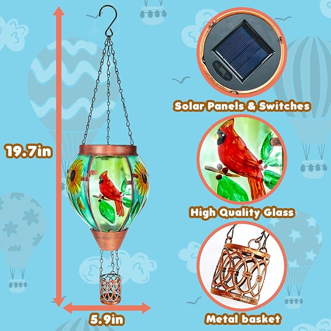 4 Pack Solar Hot Air Balloon Lantern With Flame, Cardinal Glass Solar Hanging Lights Outdoor Yard Patio Farmhouse Decoration, Gifts for Women Grandma Mom
