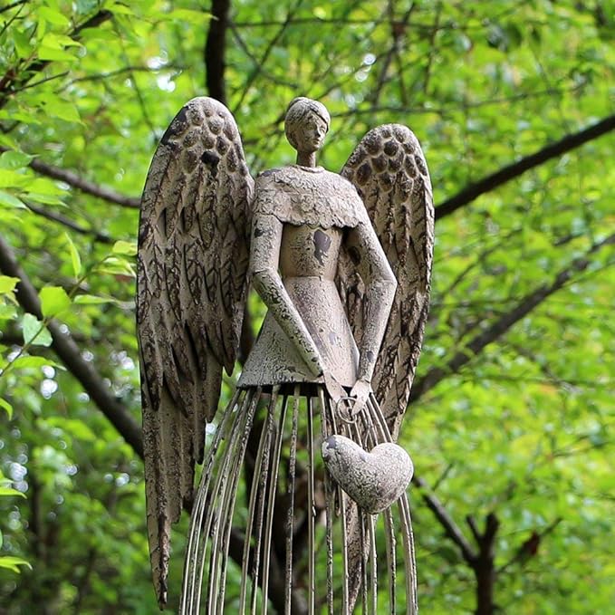 Morning View Metal Angel Statue Decor for Garden Yard Art Outdoor Standing Large Angel Decorations with Star Antique Patio Patio Lawn Holiday Christmas Set of 2 (26 and 32 Inches Tall)