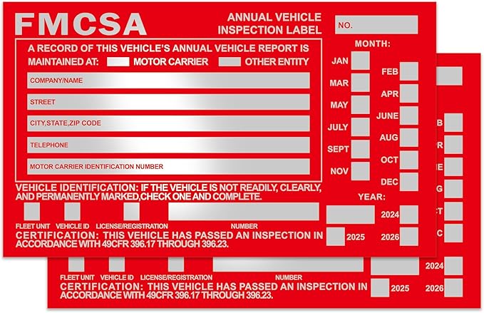 50-Pack Annual Vehicle Inspection Label 1.6 mil Aluminum Red FMCSA Label with Permanent Self Adhesive 6" x 3.5" DOT Compliant
