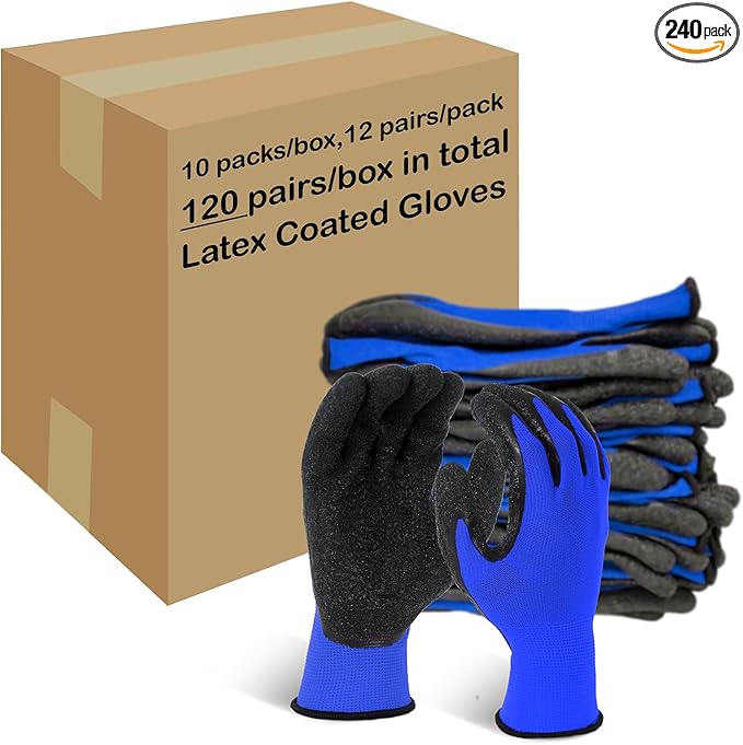 Evridwear Crinkle Latex Rubber Hand Coated Safety Work Gloves for Men Women General Multi Use Construction Warehouse Gardening Assembly Landscaping (L-Size) Blue 120 Pairs Pack