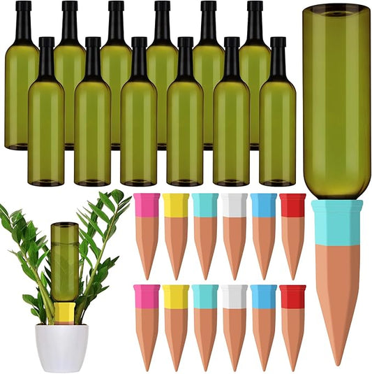 12 Set Plant Watering Devices Include Terracotta Self Watering Spikes and 26 oz Plastic Bottles, Slow Release Vacation Insert Automatic Plant Waterer Device (Green and Mixed Color)