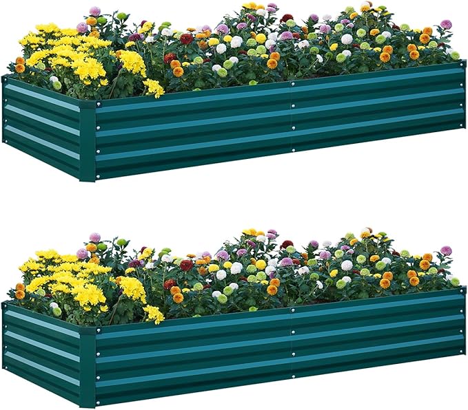 2Pcs Raised Garden Bed - 2 Pack Large Metal Planter Boxes for Vegetables, Flowers, and Herbs - Includes 2 3ft x 30ft Weed Barrier Fabric and 1 Pair of Gloves - Green (8x4x1ft, 2pcs)