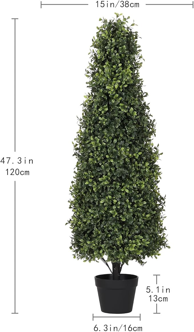 4ft Artificial Boxwood Topiary Trees (Set of 2) - UV Resistant Faux Plants Outdoor, Realistic 48in Fake Potted Bushes and Shrubs for Front Porch, Planter, Patio - Low Maintenance & Evergreen