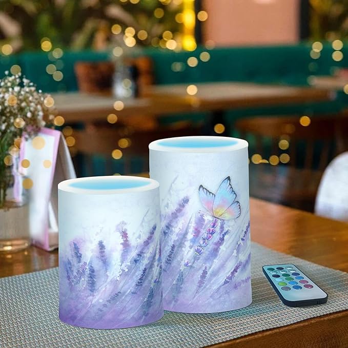 Flickering Flameless Candles, Lavender Butterfly Purple LED Candles with Remote Timer, Set of 2 Battery Operated Candle for Valentine Wedding Birthday
