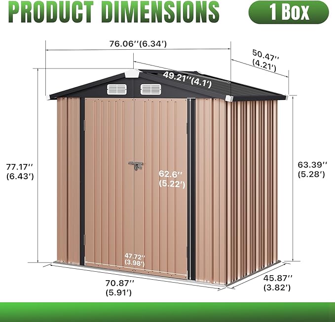 Aoxun 6'x4' Outdoor Storage Shed with Base Galvanized Steel Metal Garden Shed for Patio, Lawn & Garden(Brown, 6' x 4'W/Base)