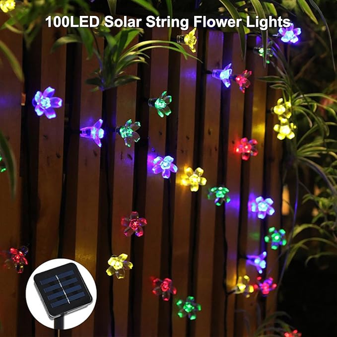 Solar String Flower Lights Outdoor 100 LED 40Ft Multi-Color Fairy Lights with 8 Lighting Modes, Waterproof for Garden, Yard, Porch, Christmas, Wedding, Party, Xmas Tree Decoration