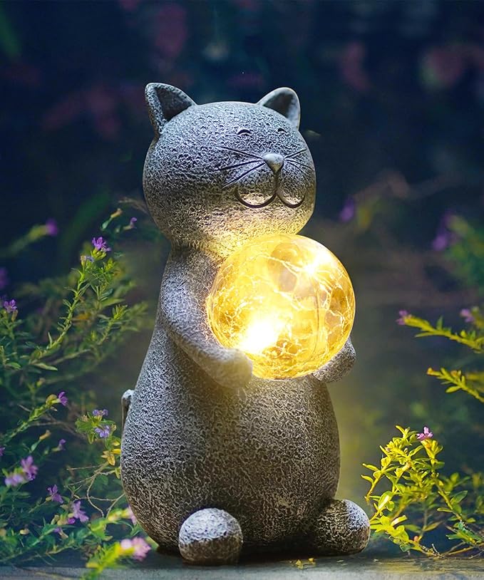 Solar Cat Statue - Garden Decor with LED Lights, Perfect for Mom or Grandma (Gray Cat)
