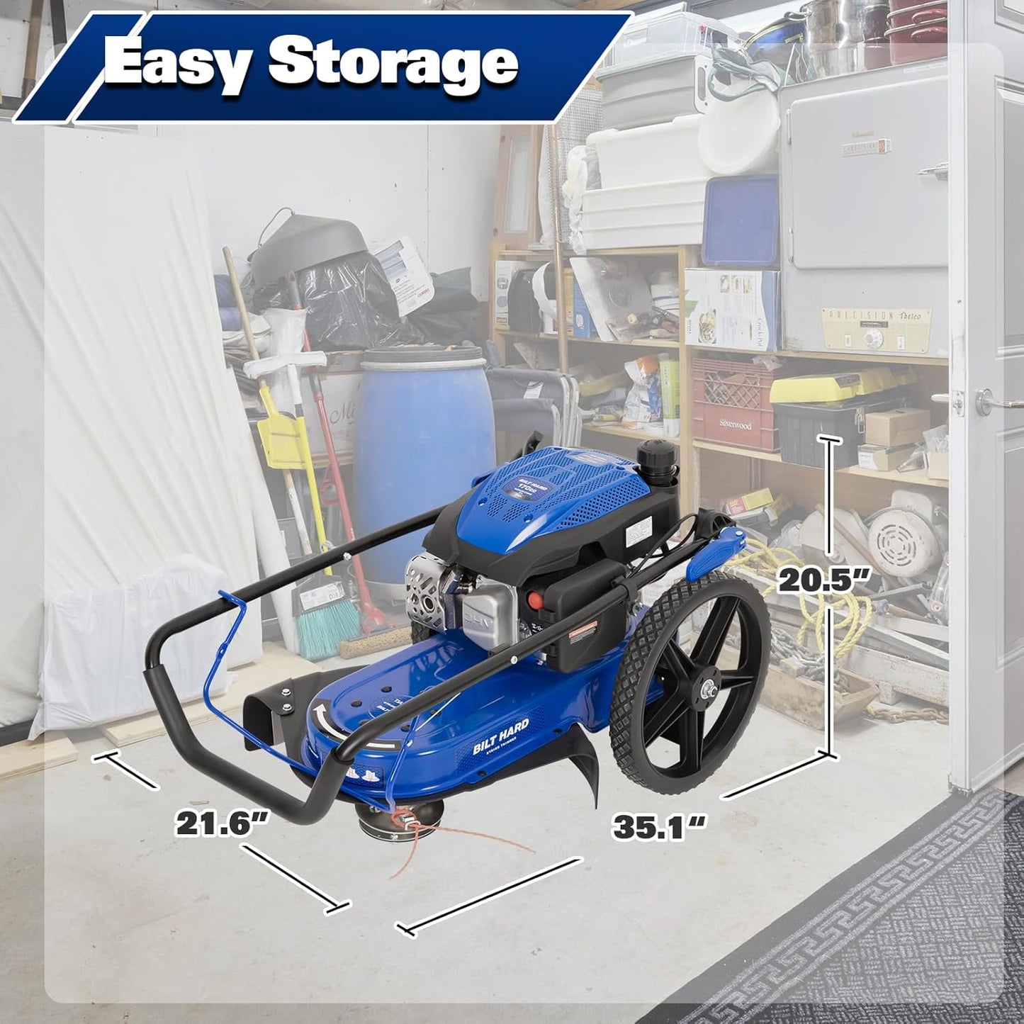 BILT HARD Walk Behind String Trimmer, 170cc 4-Cycle Gas Brush Hog Mower, 22 Inch Cutting Diameter, Push Weed Eater with 14 Inch Flat Free Wheels, Brush Cutter for Farm, Lawn, Yard