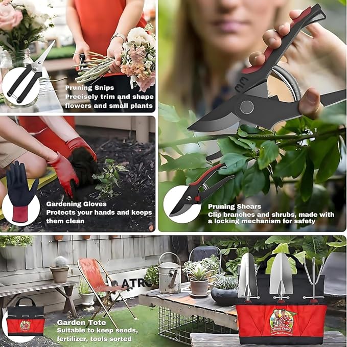 7pc Stainless Steel Heavy Duty Tool Set with Non-Slip Rubber Grip, Garden Gloves and Storage Tote Bag