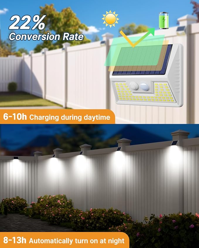 4 Pack Solar Fence Lights Waterproof, Motion Sensor Deck Lights Outdoor, Cold White LED Outside Lights Wireless for Wall Yard Steps Stairs Garden - White