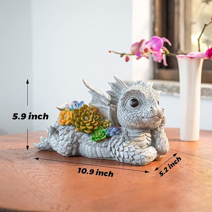 Garden Dragon Statue Outdoor Decor, Dragon Garden Sculpture Waterproof Solar LED Lights Resin Succulent Decorations for Outside Lawn Patio Patio Yard Ornament Gifts