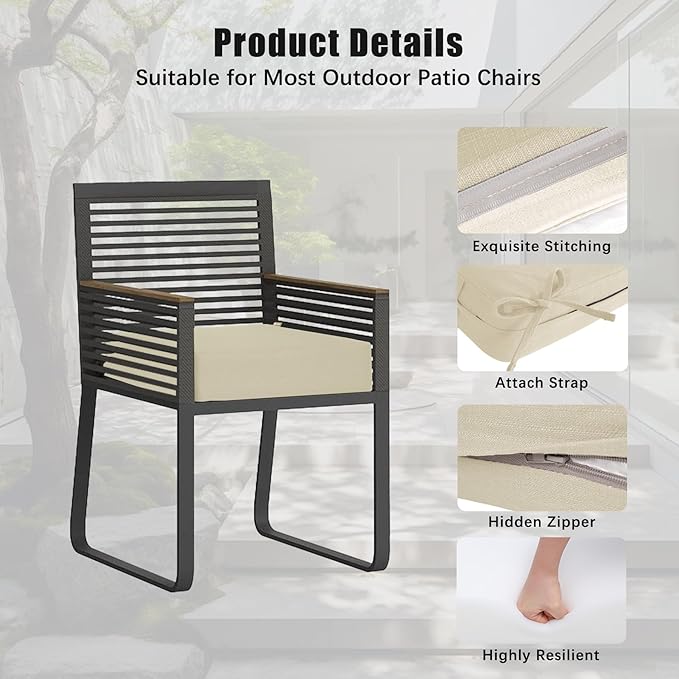 Favoyard Outdoor Chair Cushion 19 x 19 x 3 Inch Rainproof & 3-Year Fade Resistant Patio Furniture Cushions with Removable Cover and Adjustable Ties for Garden Sofa Couch Pads Set of 2, Beige