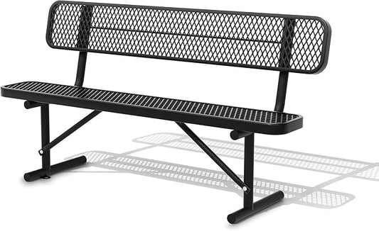 6 FT Heavy Duty Park Bench, Outdoor Metal Black Bench with Back-Commercial Steel Benches for Outside, 2-4 Person Seat-Garden Benches with Portable Frame for Outdoors
