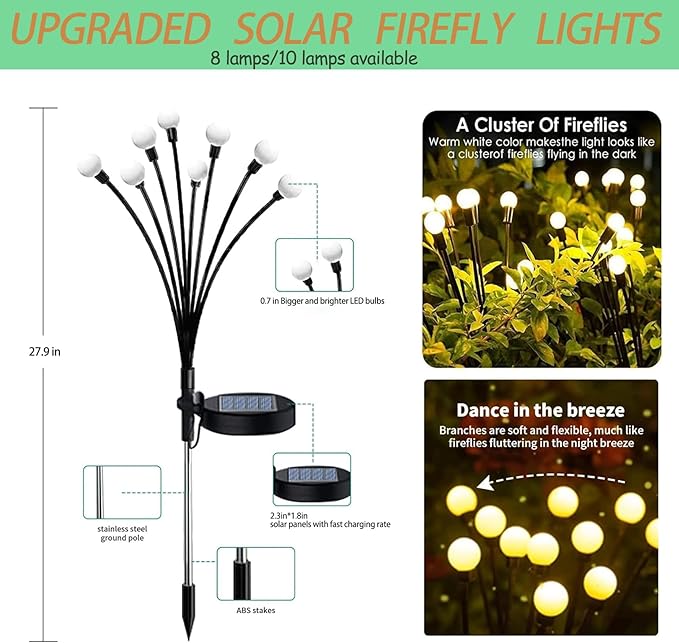 Solar Garden Lights,Solar Lights Outdoor Waterproof,Outdoor Decor 2 Pack 20 LED Lights,Outdoor Solar Lights for Yard Patio Garden Decor, Solar Lights for Outside Garden(Warm White) (2 pack-20 Leds)