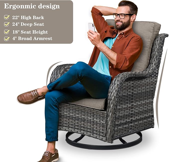 Outdoor Patio Furniture Set with 50000BTU Propane Fire Pit Table, 4 Pieces Wicker Patio Conversation Set with 2 Swivel Rocker Glider Chairs Rattan Sofa Grey Cushion Perfect for Gathering
