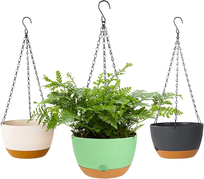 Bevgems 3 Pack 8.26 Inch Hanging Planters, Plastic Self-Watering Hanging Flower Plant Pot, Decorative Flower Pot Holder with Drainage Holes & Removable Tray for Indoor Outdoor Plants,Flowers, Herbs