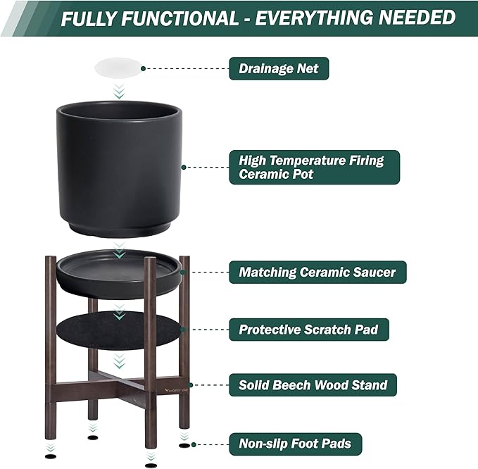 D'vine Dev Ceramic Planter with Walnut Color Stand - 12 Inch Modern Round Flower Pot with Wood Planter Holder, Black, 55-B-W-2