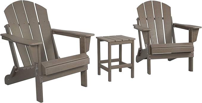 WO Home Furniture Adirondack Chairs Table Set of 3 PCS Outdoor Folding Chairs Side End Table Weather/UV Resistant for Lawn, Garden, Bon Fire, Balcony (Weathered Wood)