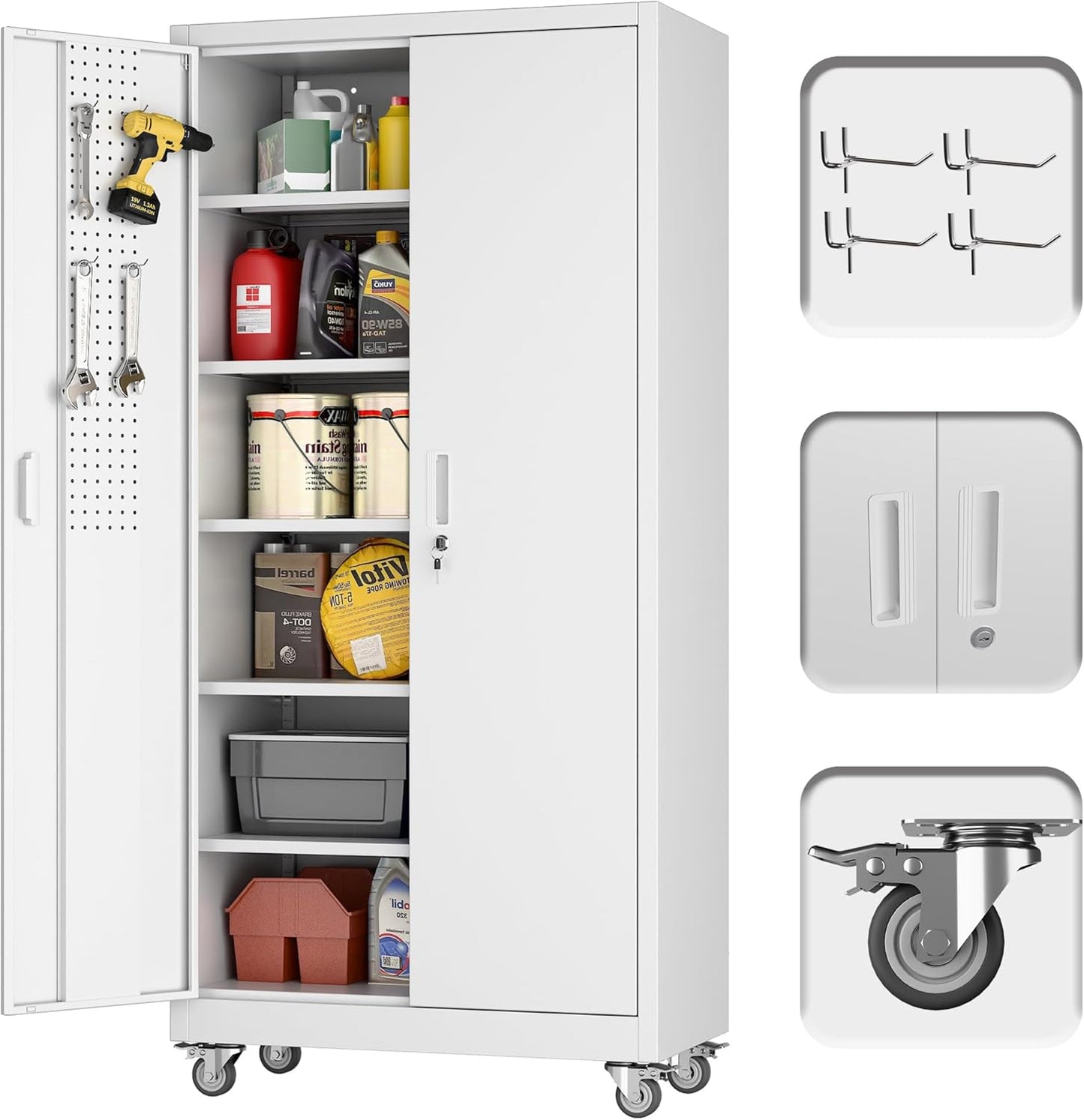 71" H×32" W×16" D Garage Storage Cabinet with Wheels, Locking Metal Storage Cabinet with 5 Adjustable Shelves, 4 Hooks and Pegboard for Garage, Home Office, Kitchen, Assembly Required, White
