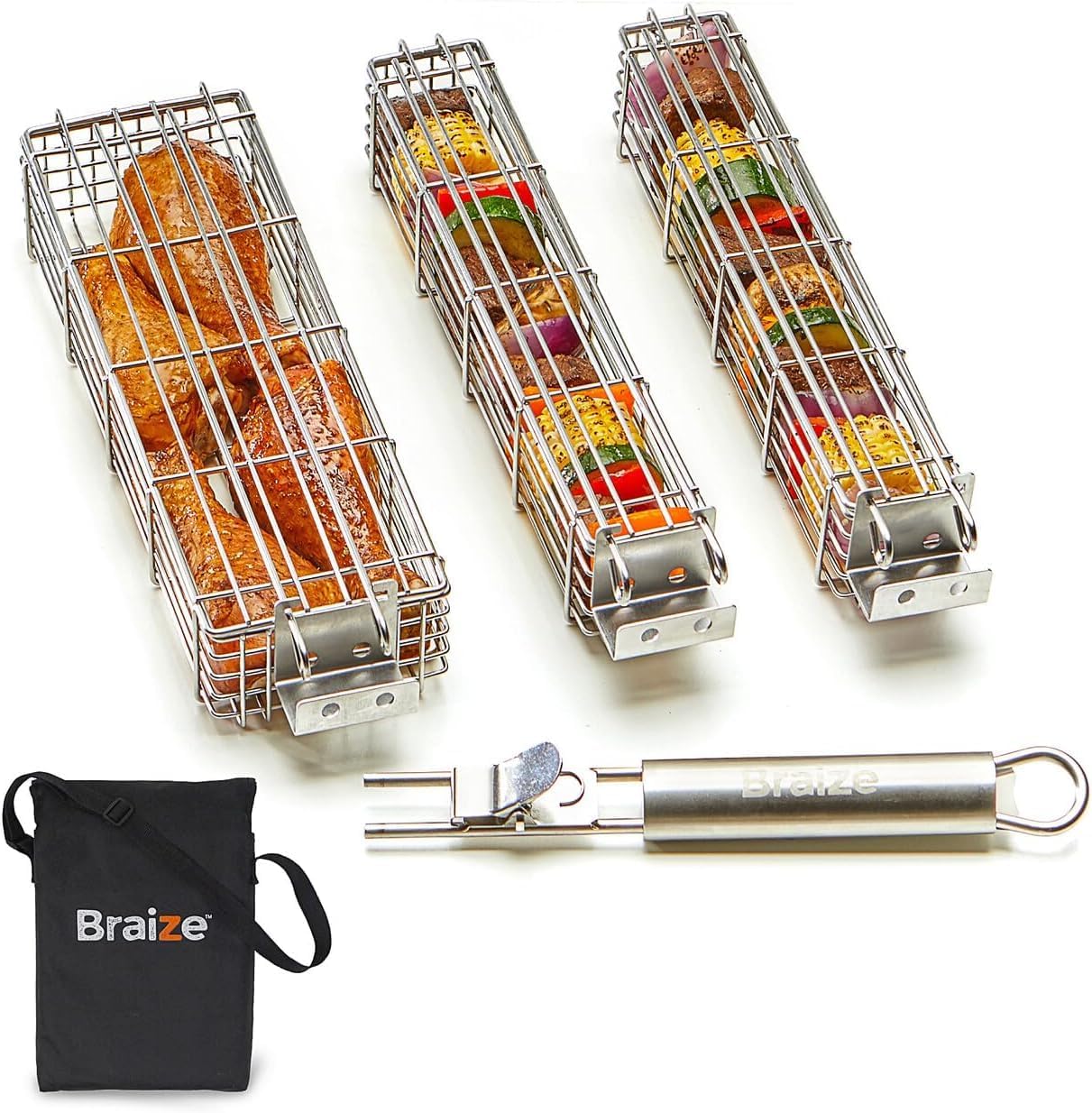 Kabob Grilling Baskets – Set of 3 Stainless Steel BBQ Baskets (12" x 2" x 2") with Removable Handle and Latching Lid – Great for Grilling Vegetables or Meat Over Campfires and Outdoor Grills