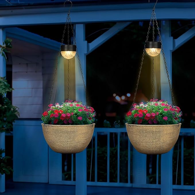 2 Packs Hanging Planters Basket for Outdoor Plants, Solar Powered Self Watering Copper Round Plastic Flower Pots with Drainer for Balcony Patio Garden Outdoor Decoration
