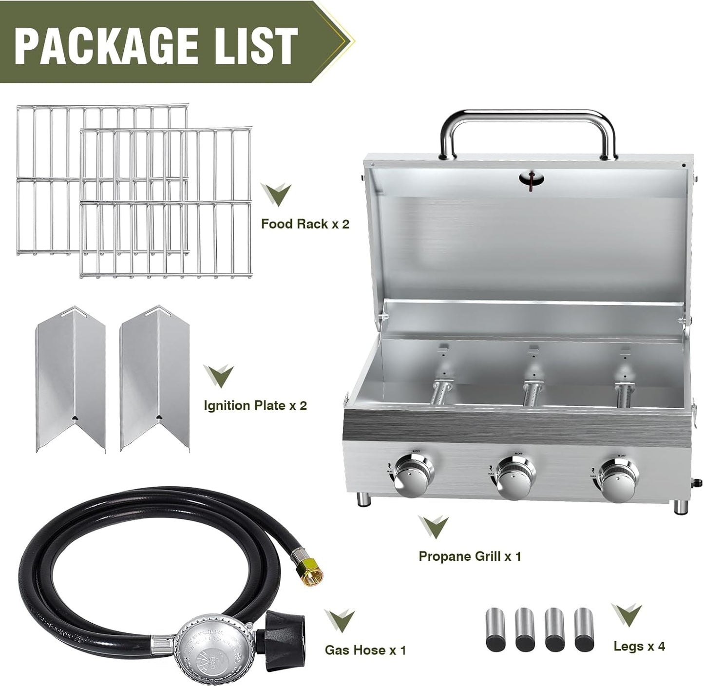 Bestfire 3-Burner Tabletop Gas Grill, 30,000 BTU Portable Propane Grill with Heavy-Duty Thickened Grates & Stainless Steel Knobs, Compact Design&Detachable Legs for Camping, RV, Backyard BBQ