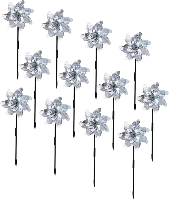BATTIFE 12 Pack Pre-Assemble Sparkly Reflective Pinwheels | Silver Bird Blindness Pin Wheel | Scare Birds & Animals Away | Wind Spinner for Yard and Garden