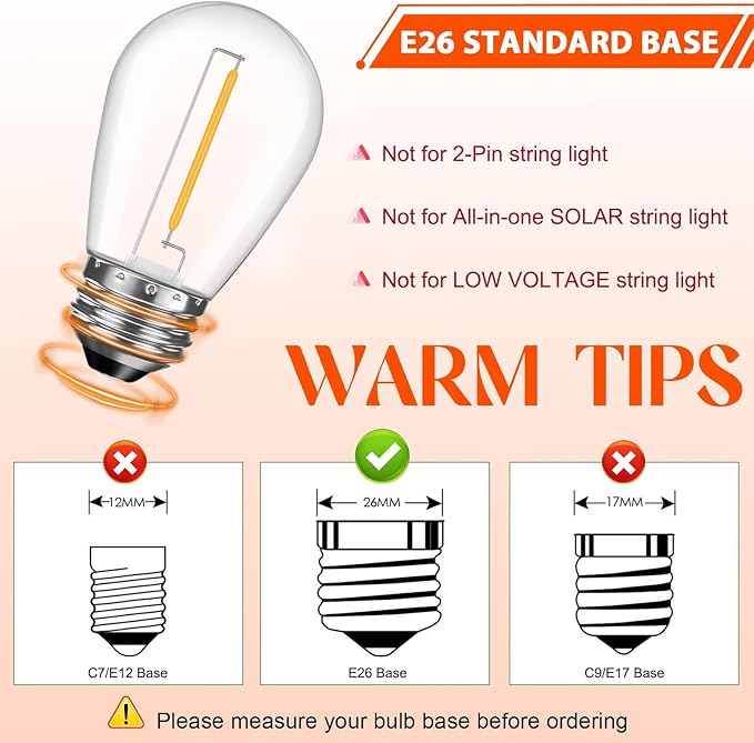 Shatterproof S14 LED Replacement Bulbs for Outdoor String Lights, 15 Pack 1W Equivalent to 11W Incandescent Bulb, Soft White 2200K, Dimmable, E26 Regular Base