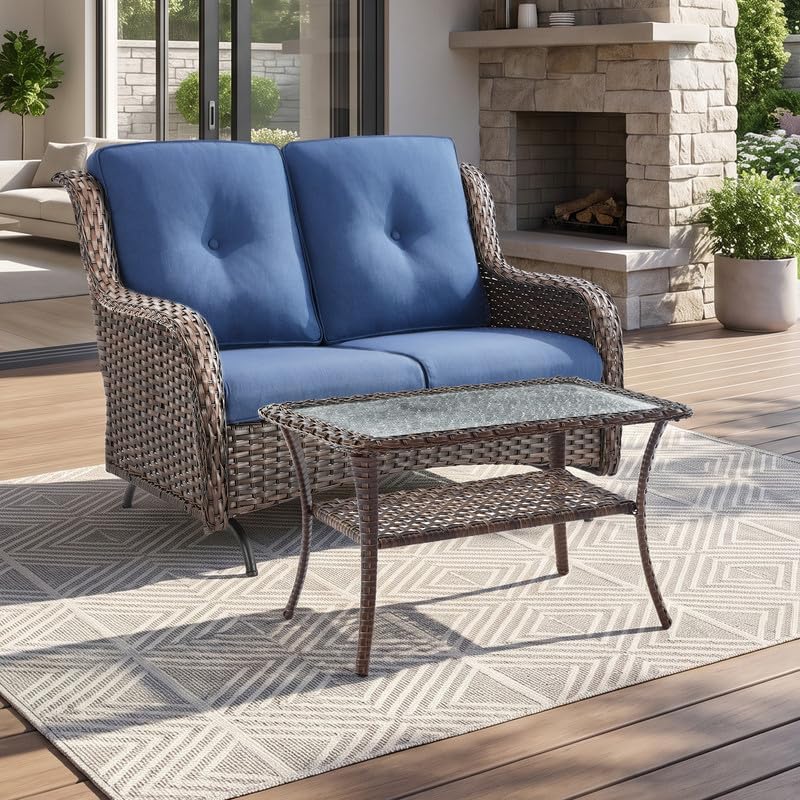 Outdoor Wicker Glider Loveseat and Table, Porch Glider 2 Seater by Rilyson