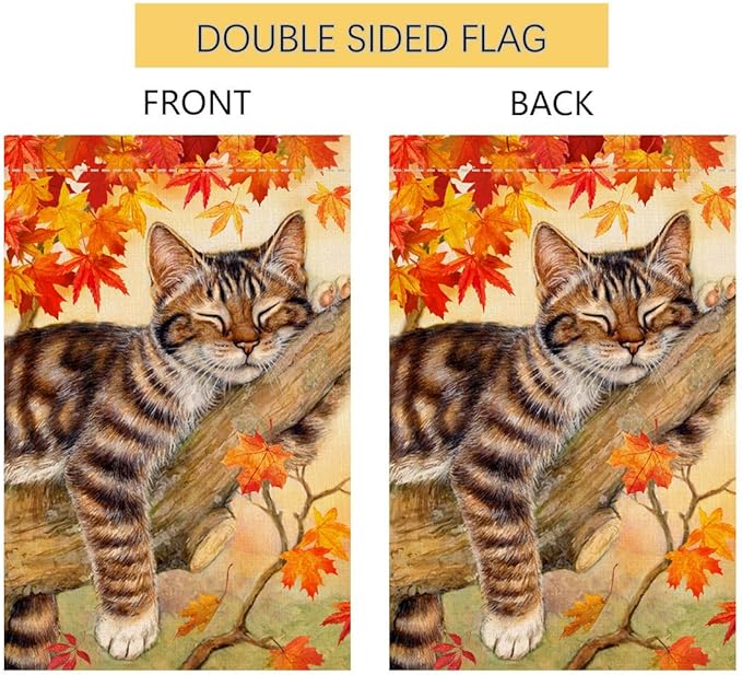 BLKWHT Fall Cat Garden Flag 12x18 Vertical Double Sided Autumn Leaves Thanksgiving Holiday Outside Decorations Burlap Yard Flag BW699