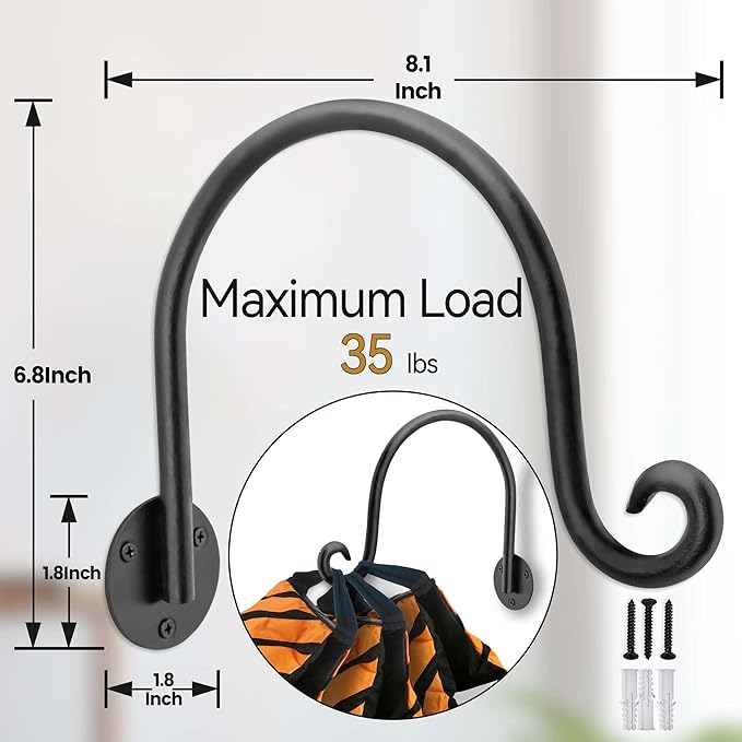 AJART Hanging Plant Hanger Outdoor: Bird Feeder Wall Hooks - 8 Inch Plant Bracket Hook for Hanging Flower Baskets 2 Pieces