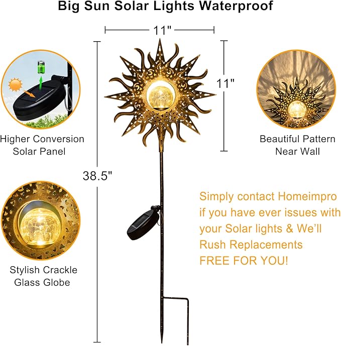 HOMEIMPRO Large Sun Solar Garden Decor Lights Outdoor Garden Gifts Mom Dad, Crackle Glass Metal Stake,Yard Decorations, Waterproof LED Lights for Lawn Patio Ornaments, Mothers Day Gifts for Women