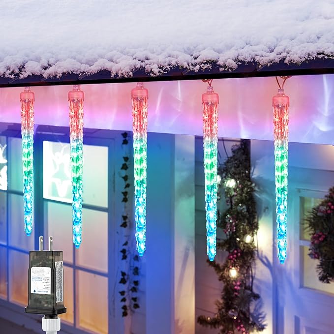 Christmas Meteor Shower Icicle Lights Outdoor, 19.8Ft With 20 Large Tube 480 LED Dropping Effect, Waterproof Decorations for House Eave Roofline, Multicolor