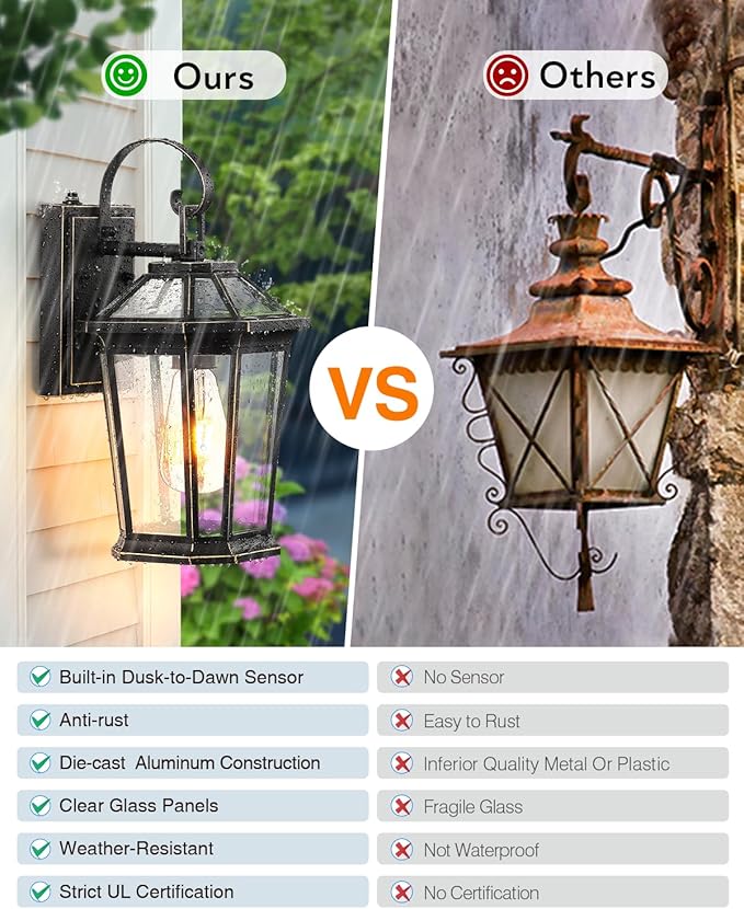 VIANIS Dusk to Dawn Exterior Light Fixture, Waterproof Outdoor Wall Sconce Porch Light for House, 100% Anti-Rust Aluminum Outside House Lights, Farmhouse Coach Lantern for Garage, Front Door 2Pcs