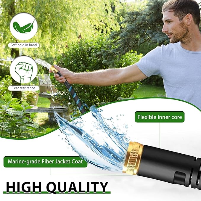 75Ft Non-Expandable Garden Hose, Flexible Water Hose with 10-Pattern Spray Nozzle, Lightweight Hose Pipe, Kink-Free, Leak-Proof, 3/4" Solid Metal Fittings