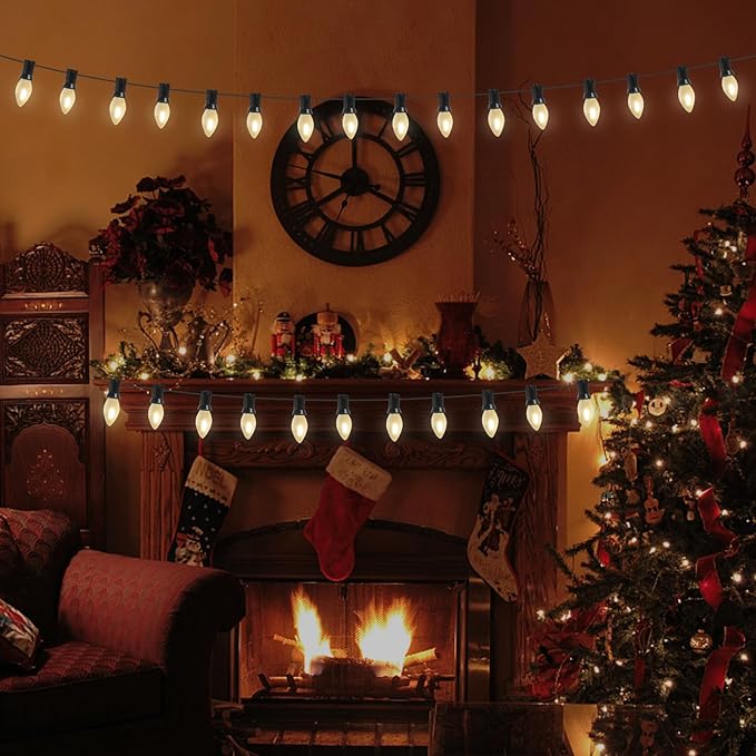 Abeja C7 LED Christmas Lights, 25Ft C7 Frosted White String Lights with 27 Vintage Incandescent Bulbs (E12 Base, 0.6W) Christmas Vintage String Light for Backyard Porch Balcony Party Christmas Decor