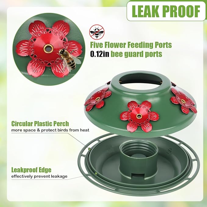 BOLITE Hummingbird Feeder, Glass Hummingbird Feeders for Outdoors Hanging, 22 Ounce, Five Feeding Ports with Perch, Peony Flower Shape, Red and Green, Gifts for Women Men, Gifts for Mom Dad