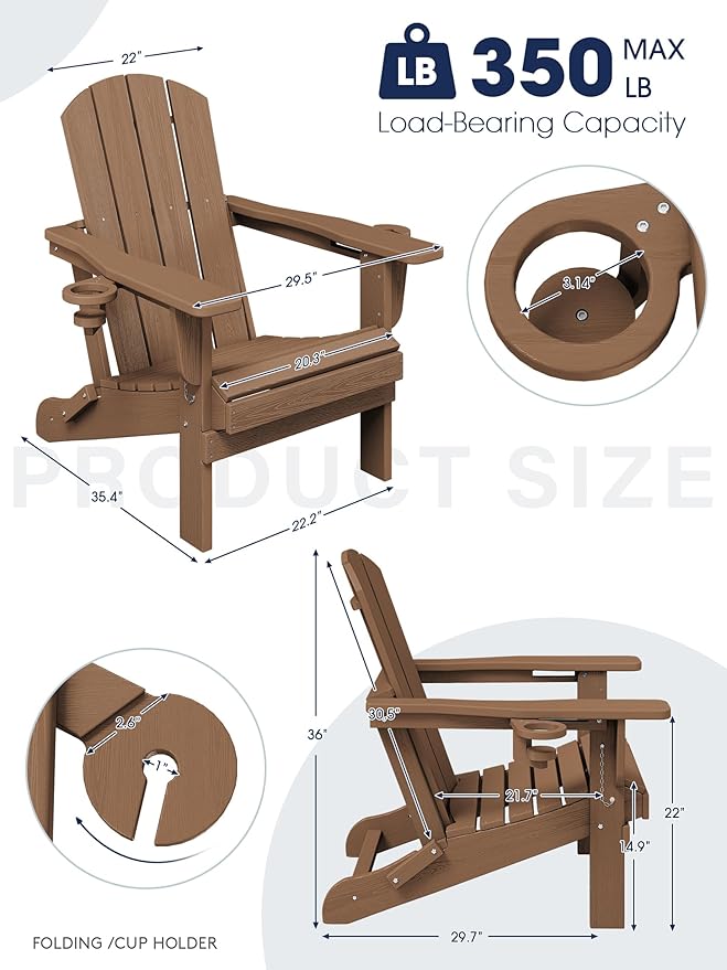 KINGYES Folding Adirondack Chair Set of 6, Dual Cup Holders & All-Weather HDPE, Wood-Like Patio Chair for Backyard, Camping, Pool & Fire Pit, Brown