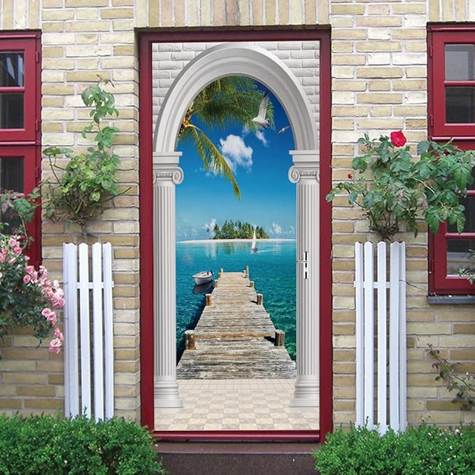 3D Landscape Door Stickers Murals Peel and Stick - Wallpaper Self-Adhesive Decals Removable PVC Waterproof Poster for Bedroom Living Room Decoration 31.5" x 78.7"