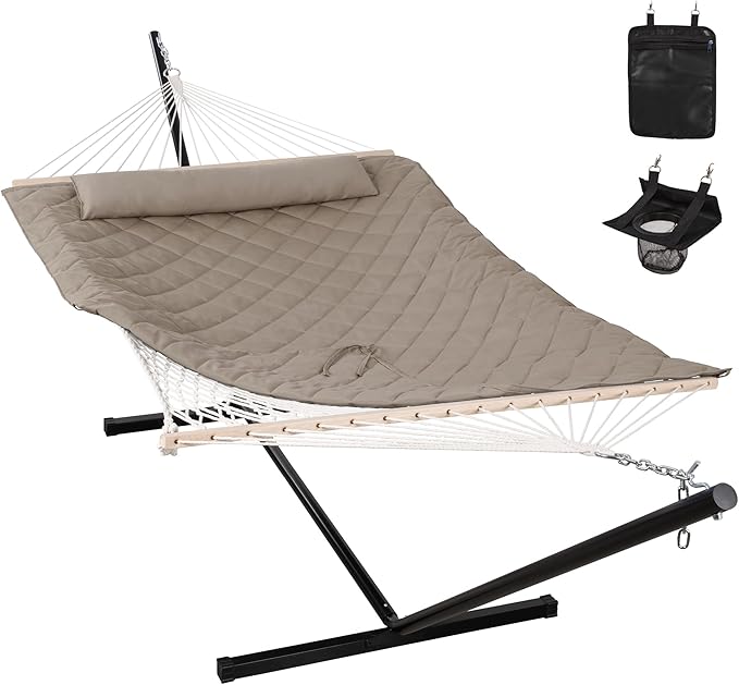 ANOW 2 Person Hammock with 12FT Heavy Duty Steel Stand, Double Rope Hammock with Detachable Pillow and Pad for Outdoors Indoors, 450 LBS Weight Capacity, Light Brown