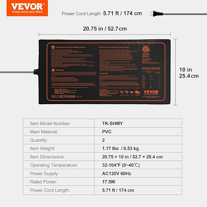 VEVOR 2 Pack Seedling Heat Mat 10"x 20.75", MET-Certified Warm Hydroponic Plant Heating Pad for Seed Starting, Waterproof Heating Mats for Germination, Indoor Gardening Tested toStandards