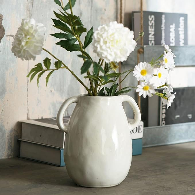 White Ceramic Vase with 2 Handles, Modern Farmhouse Decor, Rustic Terracotta Pottery, Decorative Flower Vases, Clay Small Vase, Centerpiece for Dining Table - 7 Inch Tall